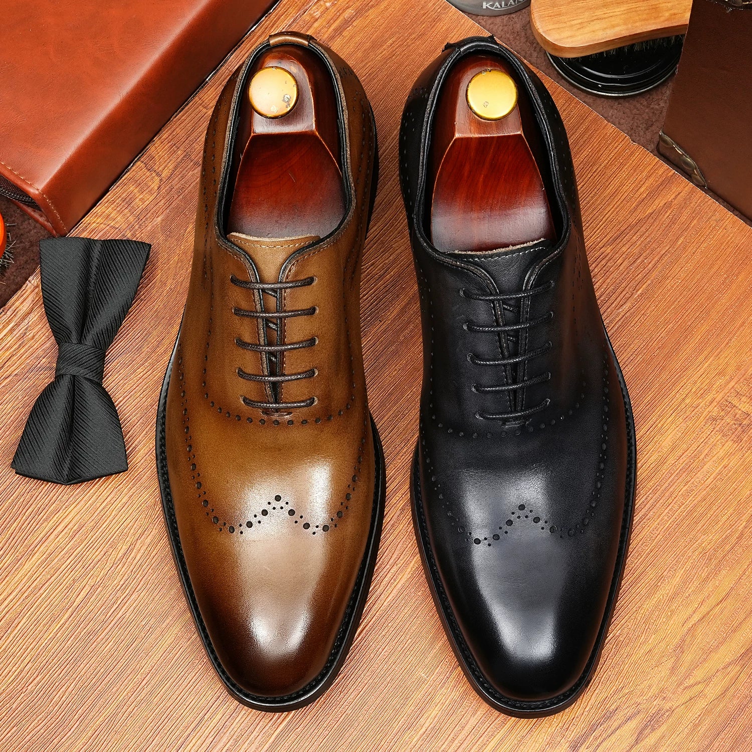 Men's Brown Genuine Leather Oxford Shoes, Handmade, British Style