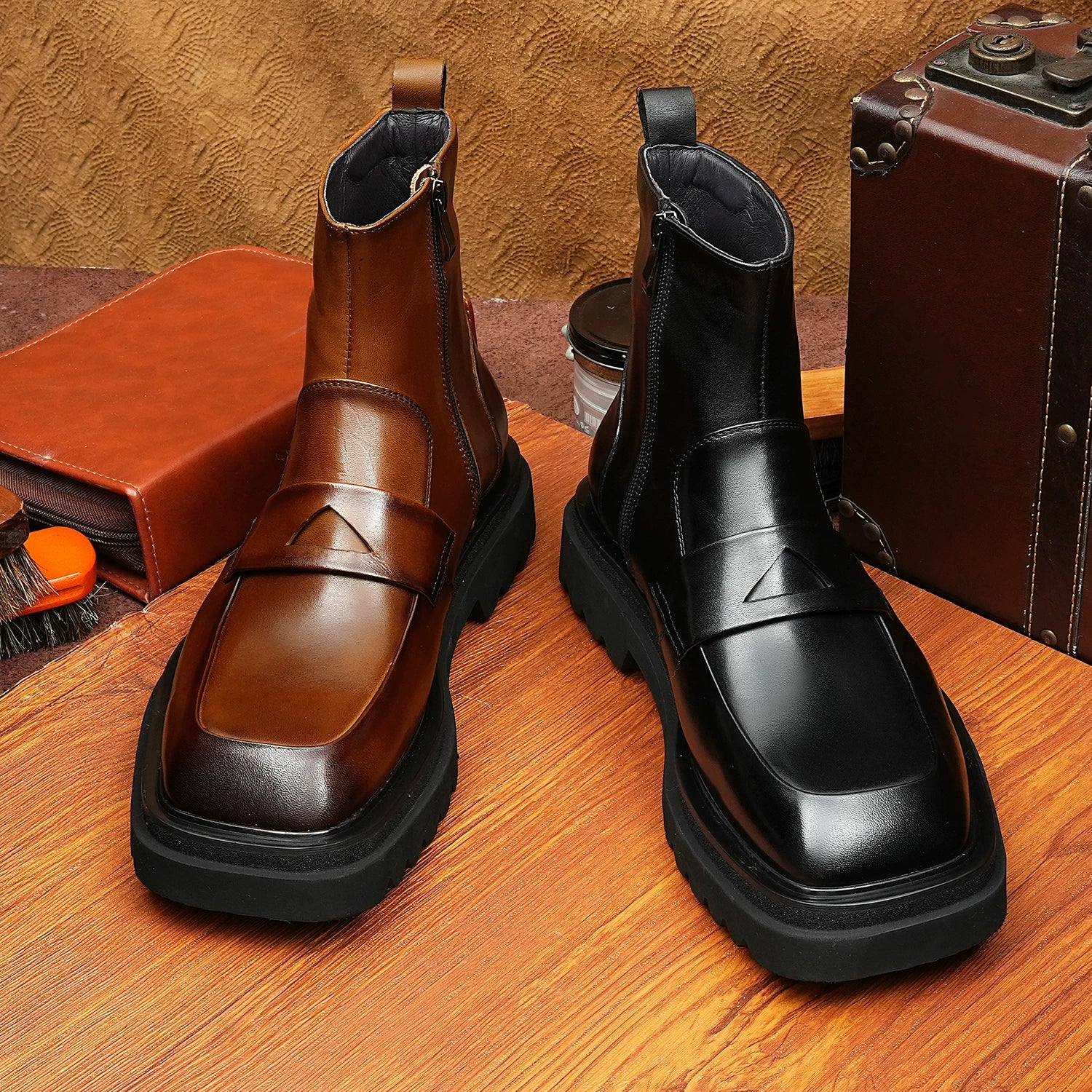 Men's Genuine Leather Martin Boots, Square Toe, Vintage
