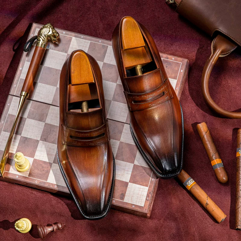 Men's Brown Genuine Leather Loafers, Slip-On, British Style