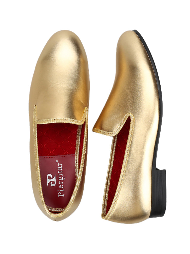 Shiny gold and silver two-color high-end cowhide handmade European and American style loafers, luxury nightclub party slip-on trendy men's shoes