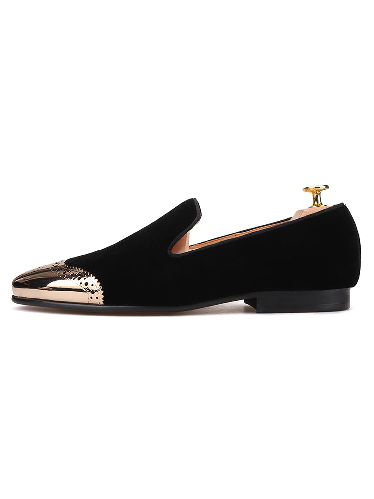 Piergitar black velvet front brogue punched copper buckle men's handmade loafers British smoking shoes