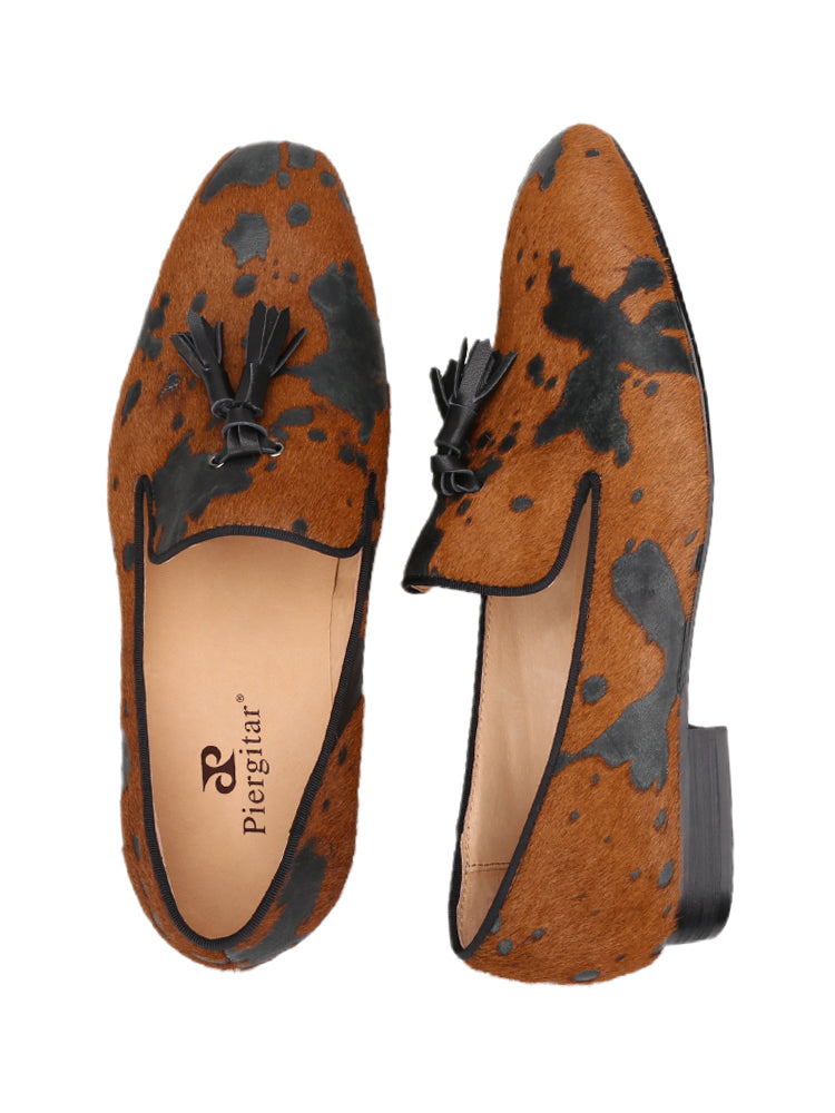 New brown and black horse-haired men's loafers exported to Europe and the United States small square toe tassel smoking shoes red sole shoes