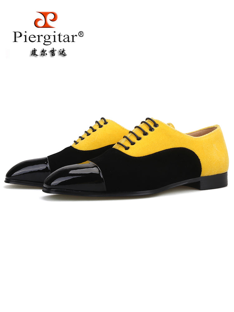 European and American style gold and black velvet stitching men's lace-up formal shoes banquet party trendy yuppie shoes large size