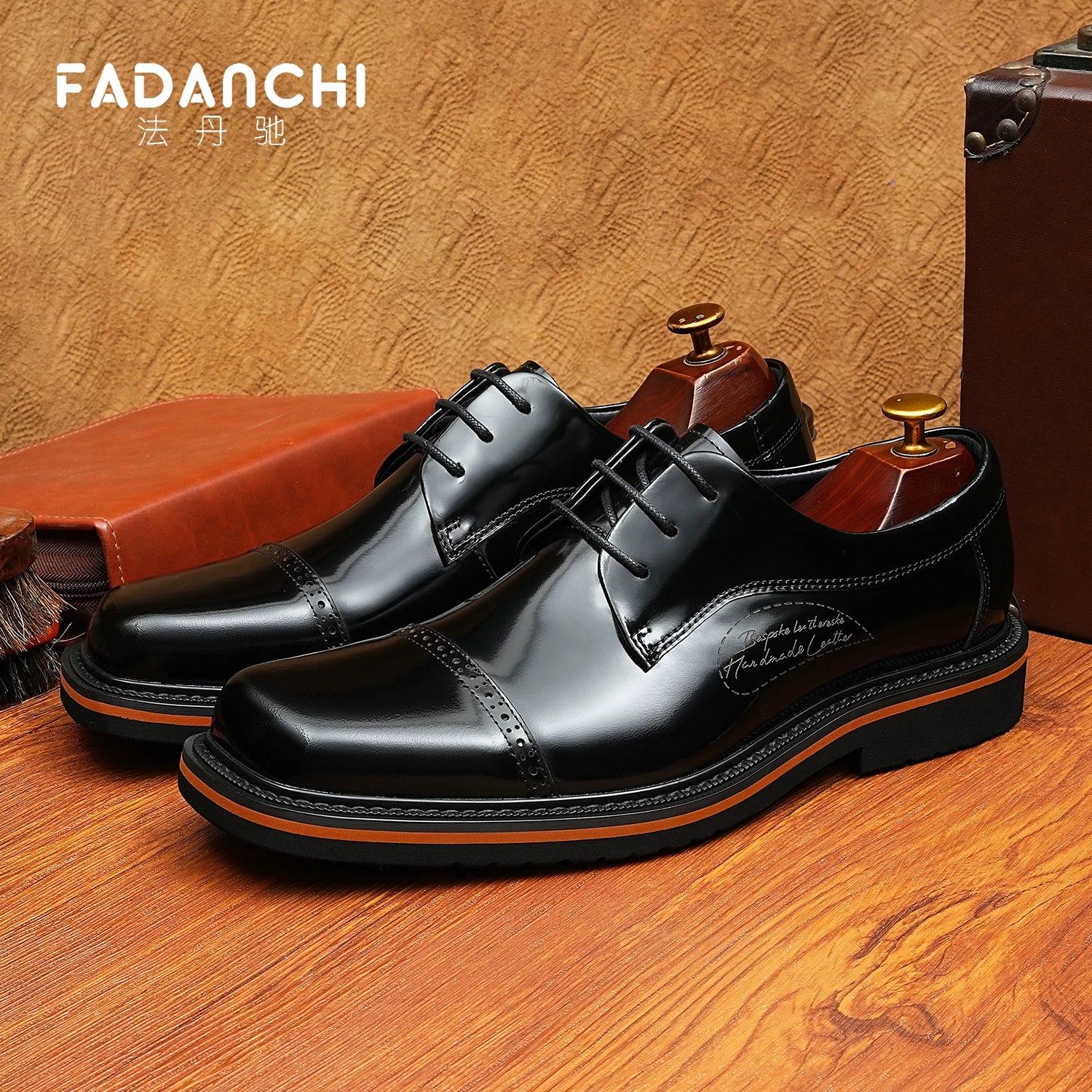 Men's Genuine Leather Derby Shoes, Square Toe, Glossy