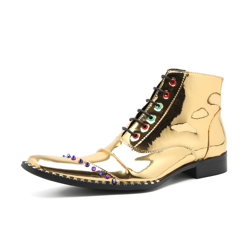 Men's Gold Leather Martin Boots – Lace-Up, Height Increasing