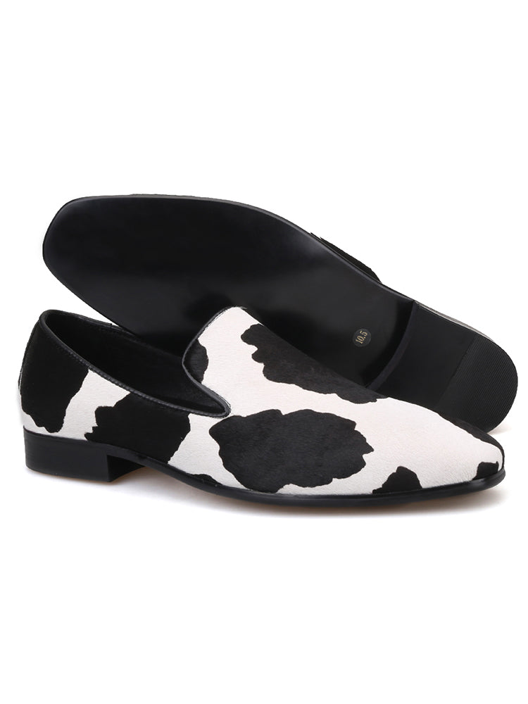 New black and white stitching horse hair handmade loafers trendy party slip-on banquet shoes slip-on smoking shoes