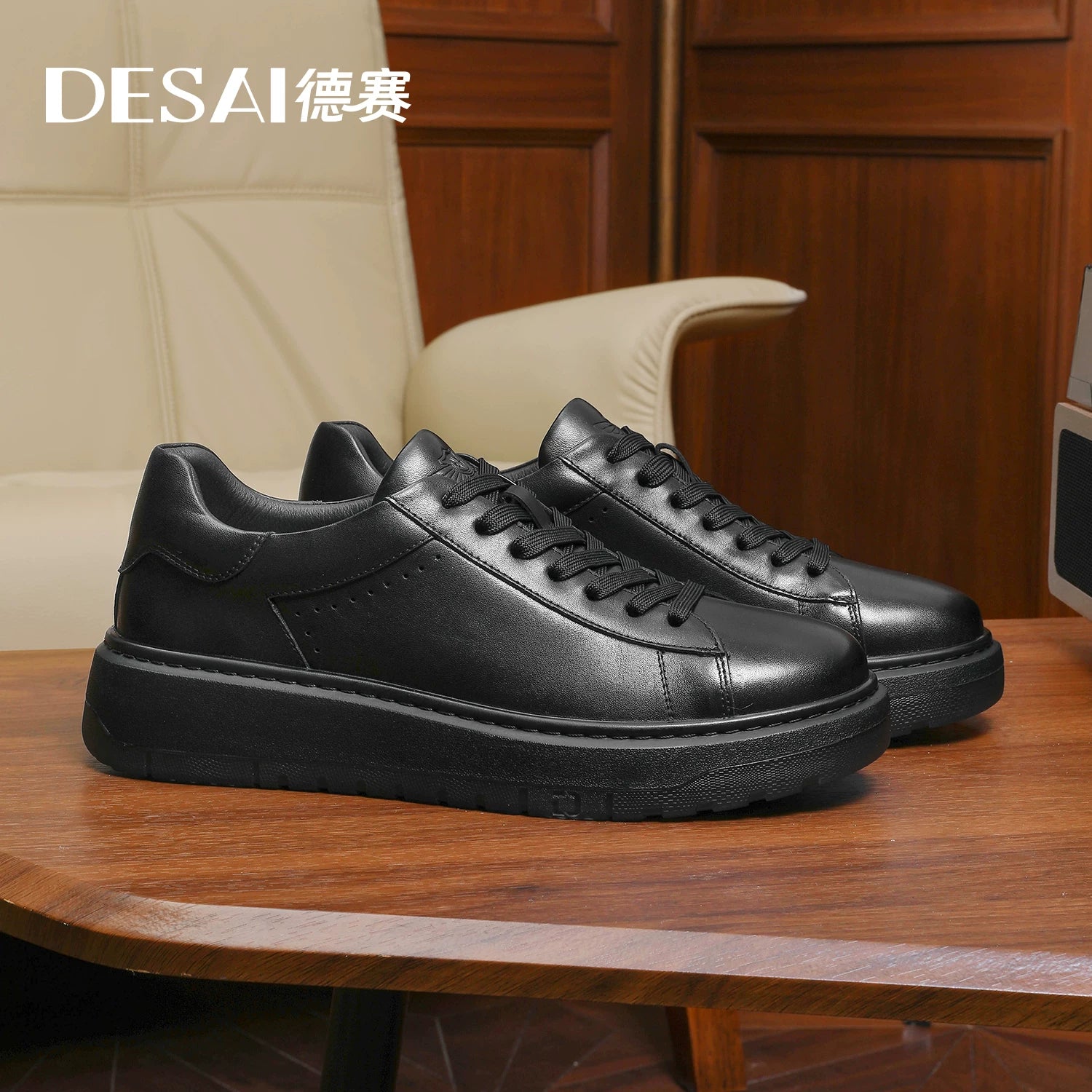 Men's Genuine Leather Skate Shoes, Height Increasing, Thick Sole