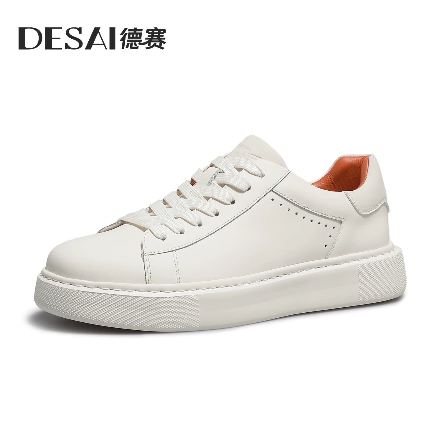 Men's White Genuine Leather Skate Shoes, Height Increasing, Thick Sole