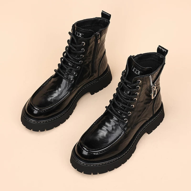 Men's Genuine Leather Martin Boots, Height Increasing, Thick Sole