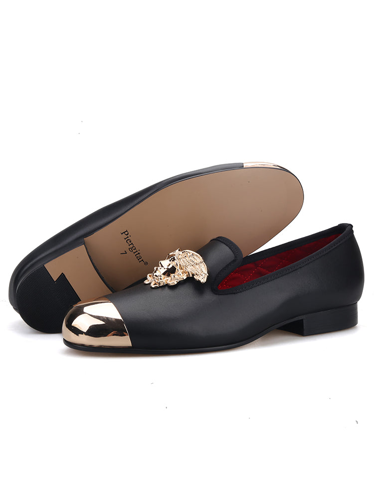 European and American style men's handmade loafers with toe layer cowhide metal toe buckle gold face buckle trendy slip-on shoes smoking shoes