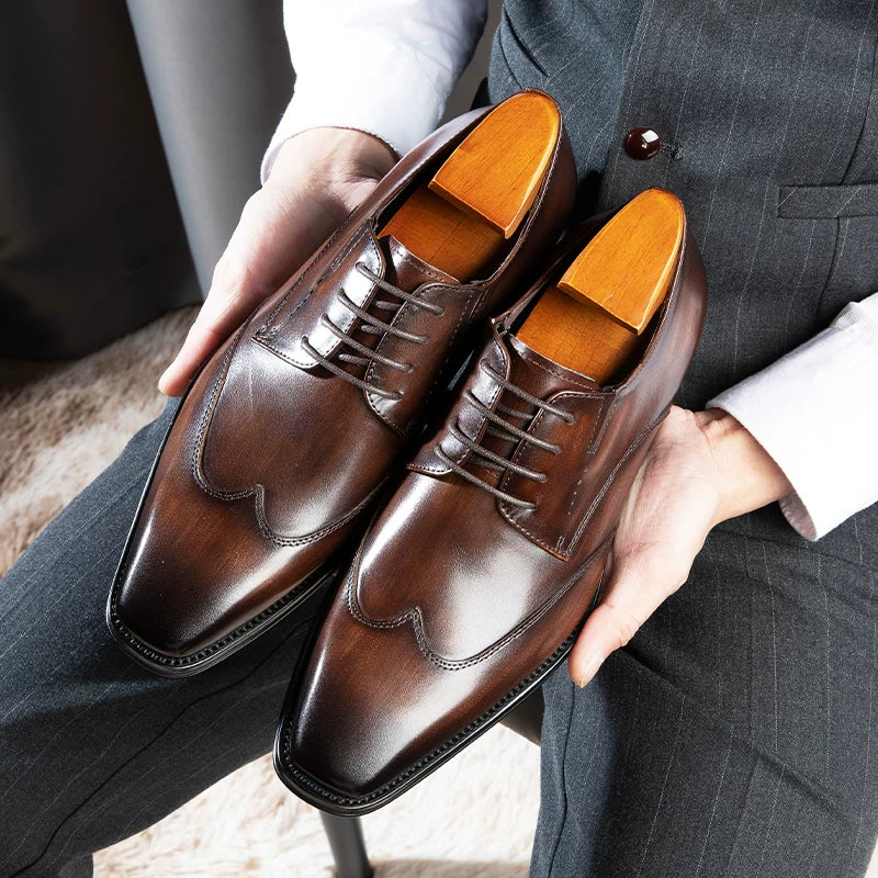 Men's Genuine Leather Derby Shoes, Square Toe, British Style