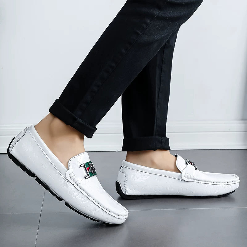 Men's White Genuine Leather Loafers, Slip-On, Soft Sole