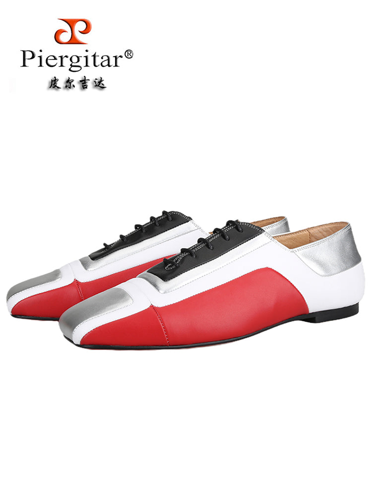 Luxury trendy brand's same three-color cowhide stitching craft lace-up men's casual leather shoes large square toe red-soled flat shoes