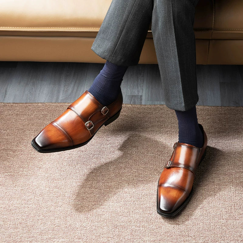 Men's Brown Genuine Leather Leather Shoes, Square Toe, British Style
