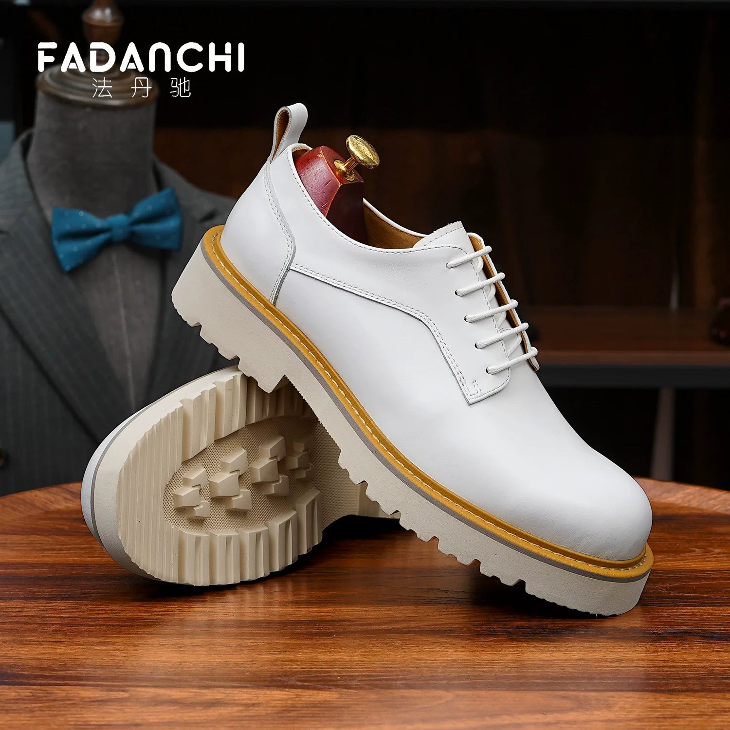 Men's White Genuine Leather Derby Shoes, Height Increasing, Business