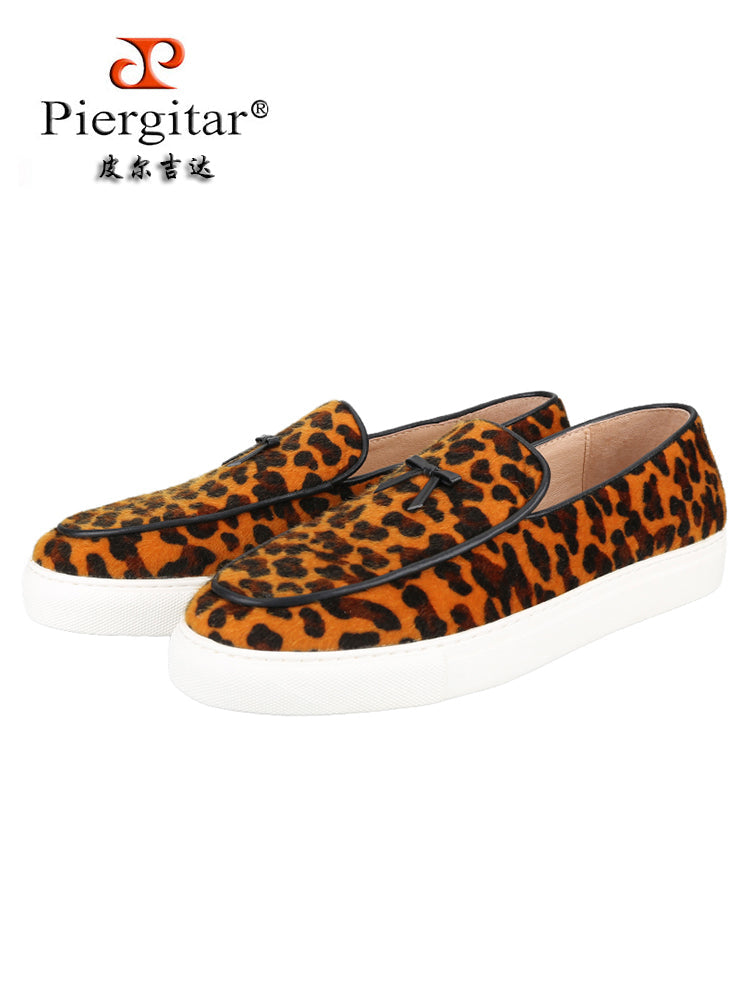 European and American wild style leopard print flocking men's slip-on casual sneakers genuine leather small bow tie white thick-soled sneakers