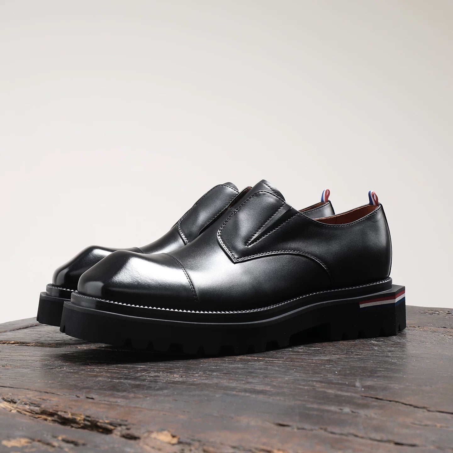 Men's Black Genuine Leather Derby Shoes, Height Increasing, Thick Sole