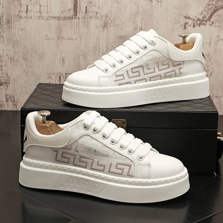 Men's Platform Height-Increasing Breathable Cut-Out Low-Top White Sneakers Casual