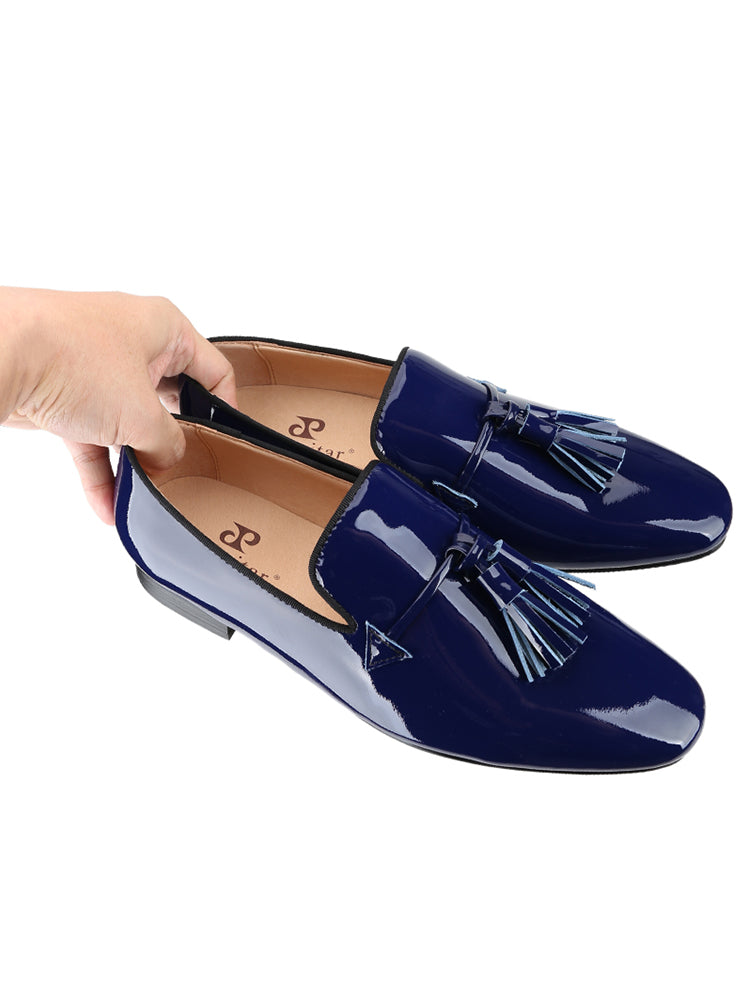 New imported blue and black patent leather men's classic tassel loafers European and American style handmade slip-on trendy men's shoes