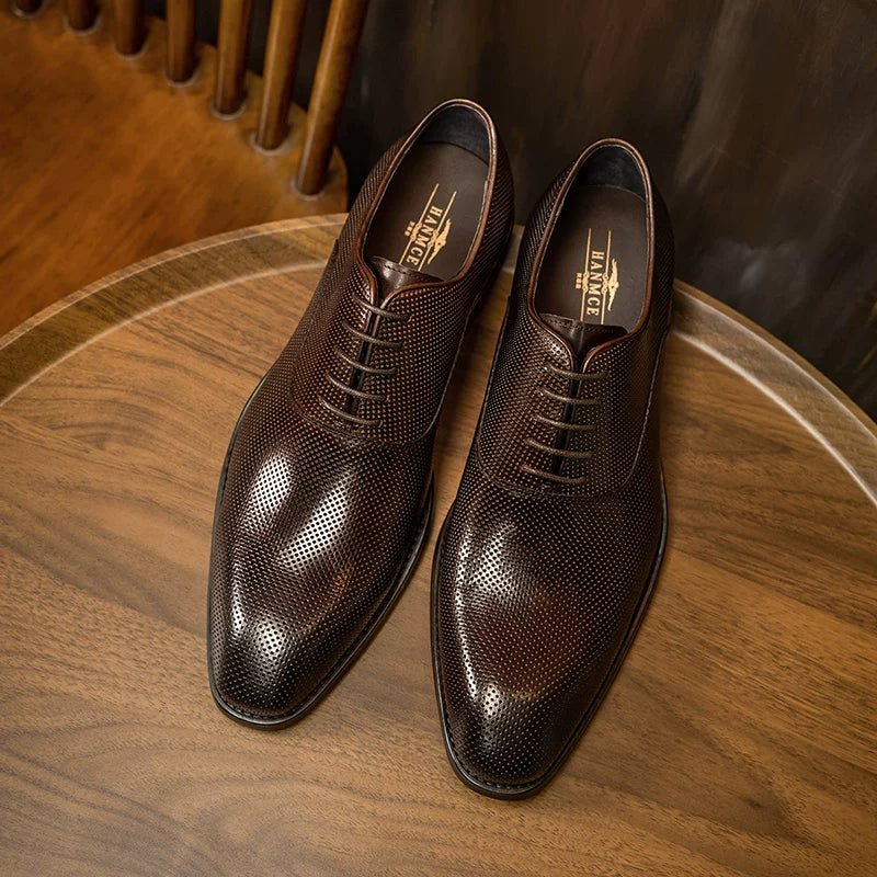 Men's Black Genuine Leather Oxford Shoes, Breathable, Cut-Out