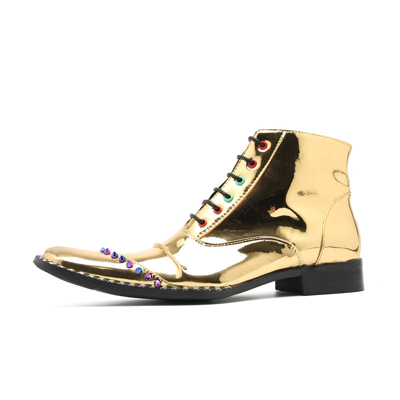 Men's Gold Leather Martin Boots – Lace-Up, Height Increasing