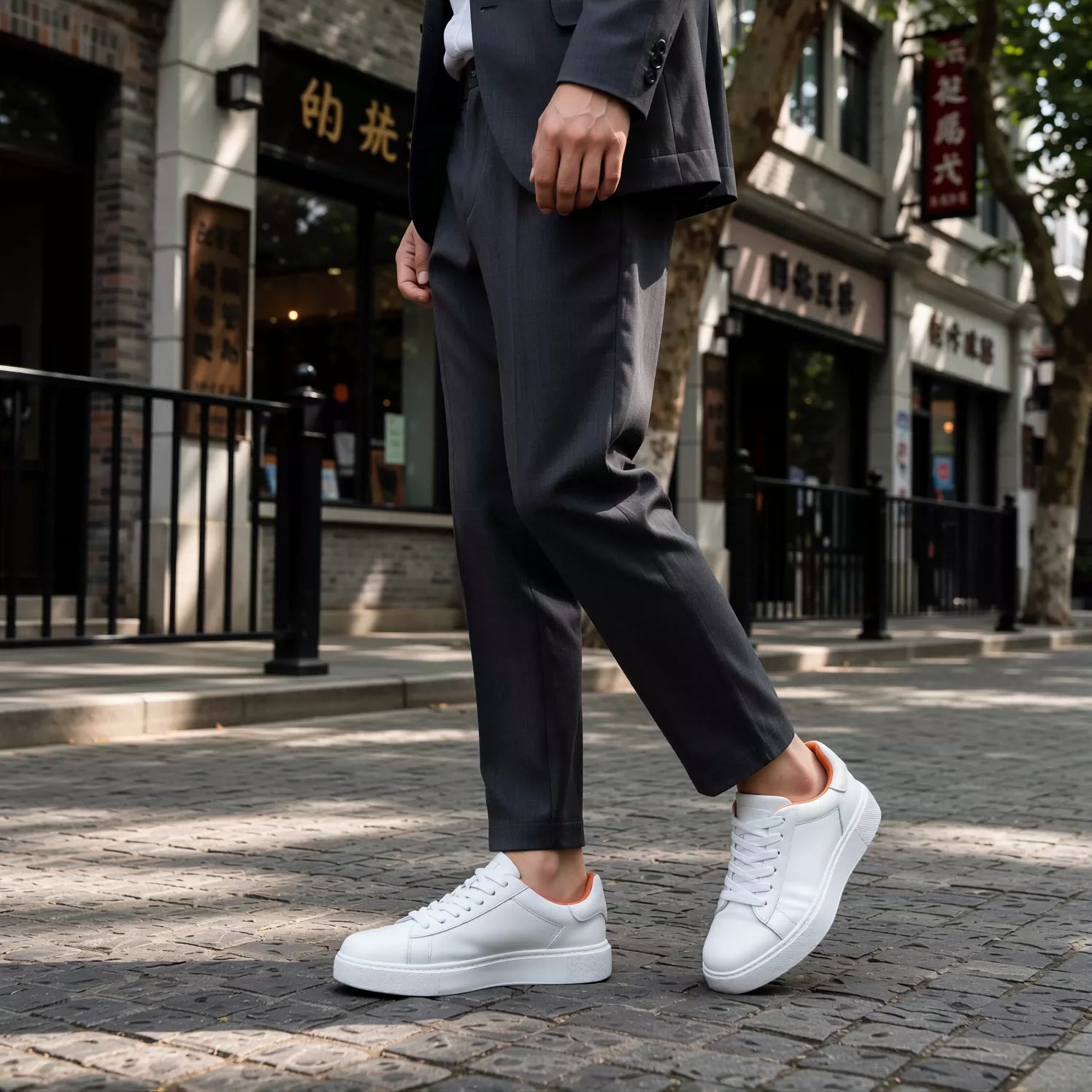 Men's White Genuine Leather Skate Shoes, Height Increasing, Thick Sole