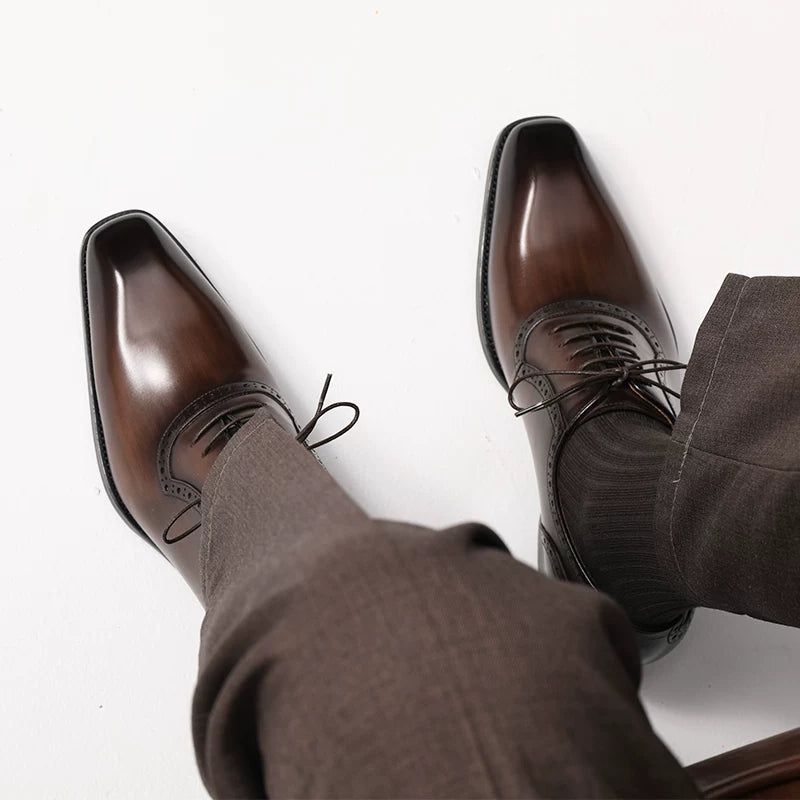 Men's Brown Genuine Leather Oxford Shoes, Handmade, Square Toe