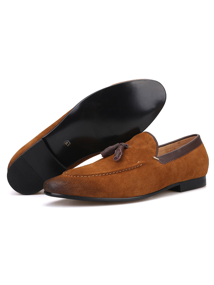 New British style two-color nubuck leather tassel slip-on shoes, trendy handmade slip-ons for men, loafers