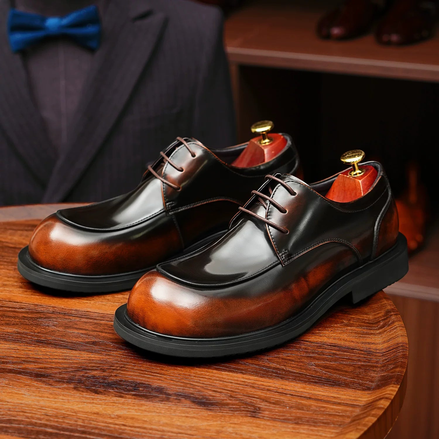Men's Genuine Leather Derby Shoes, Round Toe, Glossy
