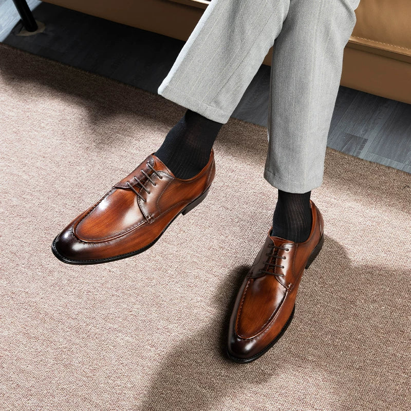Men's Brown Genuine Leather Derby Shoes, Pointed Toe, British Style