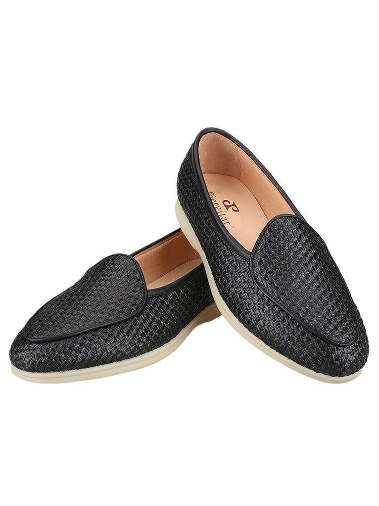 European and American style black woven raffia slip-on casual shoes milky white non-slip outsole men's sailing shoes