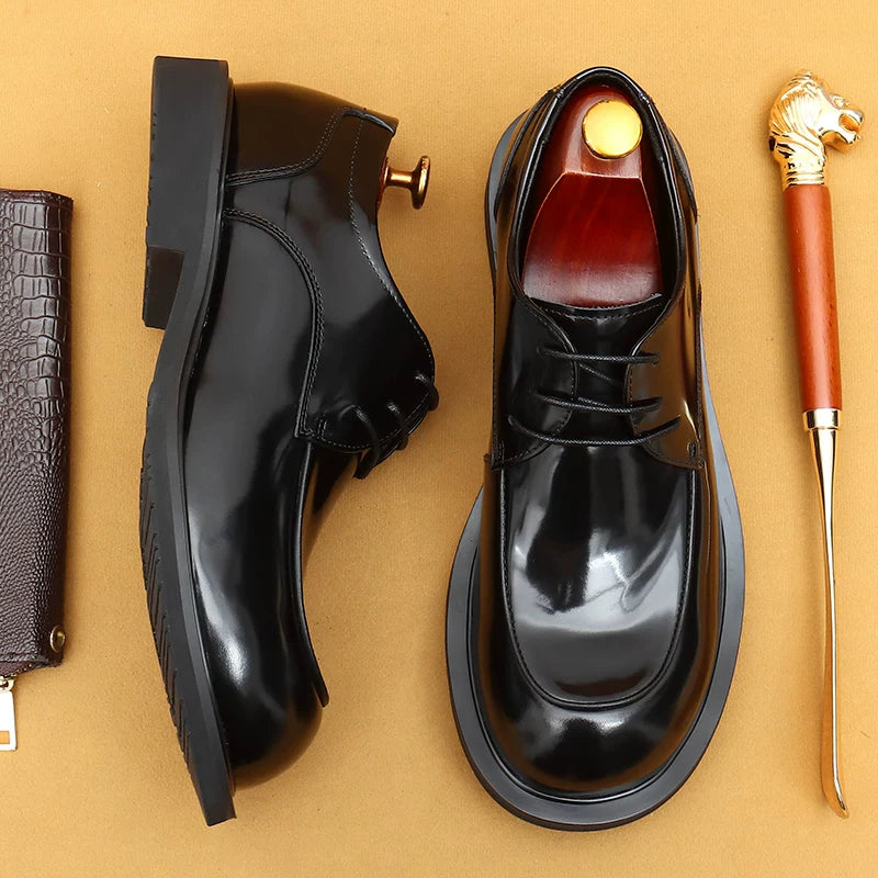 Men's Genuine Leather Derby Shoes, Round Toe, Glossy