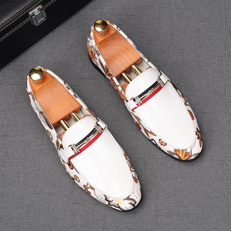 Men's White Patent Leather Loafers, Pointed Toe, Slip-On