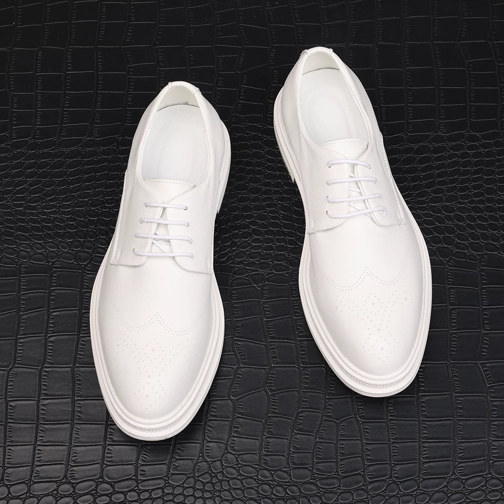 Men's White Derby Shoes, Height Increasing, Pointed Toe