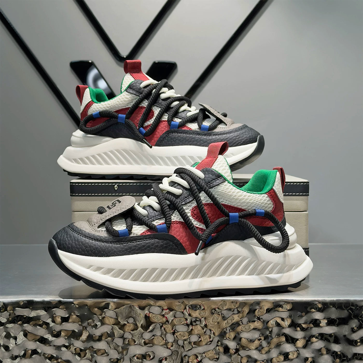 Men's Hidden-Wedge Platform Breathable Mesh Color-Block Chunky Dad Sneakers 2026