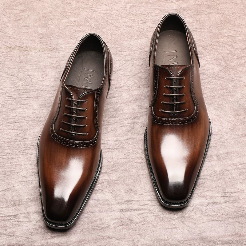 Men's Brown Genuine Leather Oxford Shoes, Handmade, Square Toe