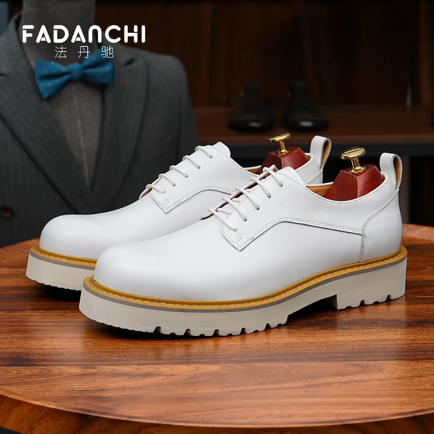 Men's White Genuine Leather Derby Shoes, Height Increasing, Business