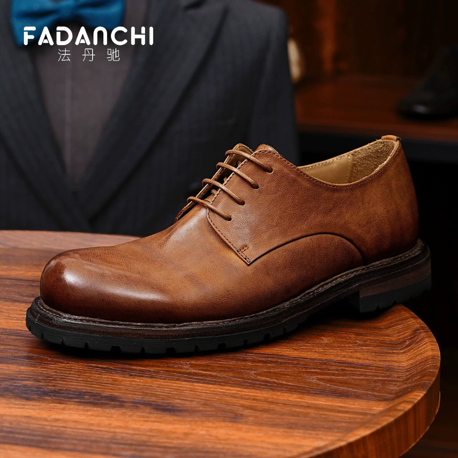 Men's Genuine Leather Derby Shoes, Handmade, Round Toe