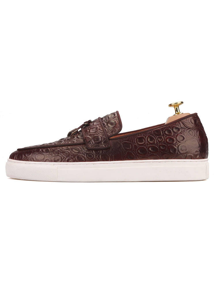 Handmade brown stone pattern embossed white outsole shoes European and American style metal tassel slip-on loafers for men