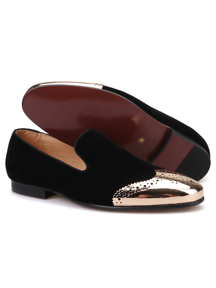 Piergitar black velvet front brogue punched copper buckle men's handmade loafers British smoking shoes