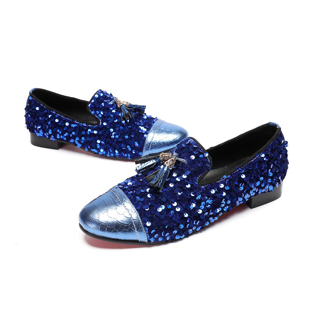 Men's Blue Leather Casual Shoes – Rhinestone Detail