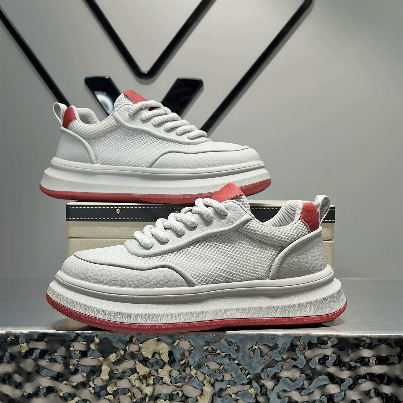 Men's Height-Increasing Platform Breathable Mesh Cut-Out White Sneakers