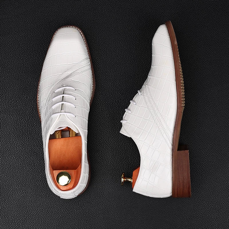 Men's White Leather Shoes, Height Increasing, Square Toe