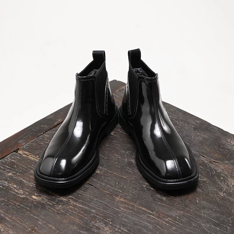 Men's Genuine Leather Chelsea Boots, Square Toe, Glossy
