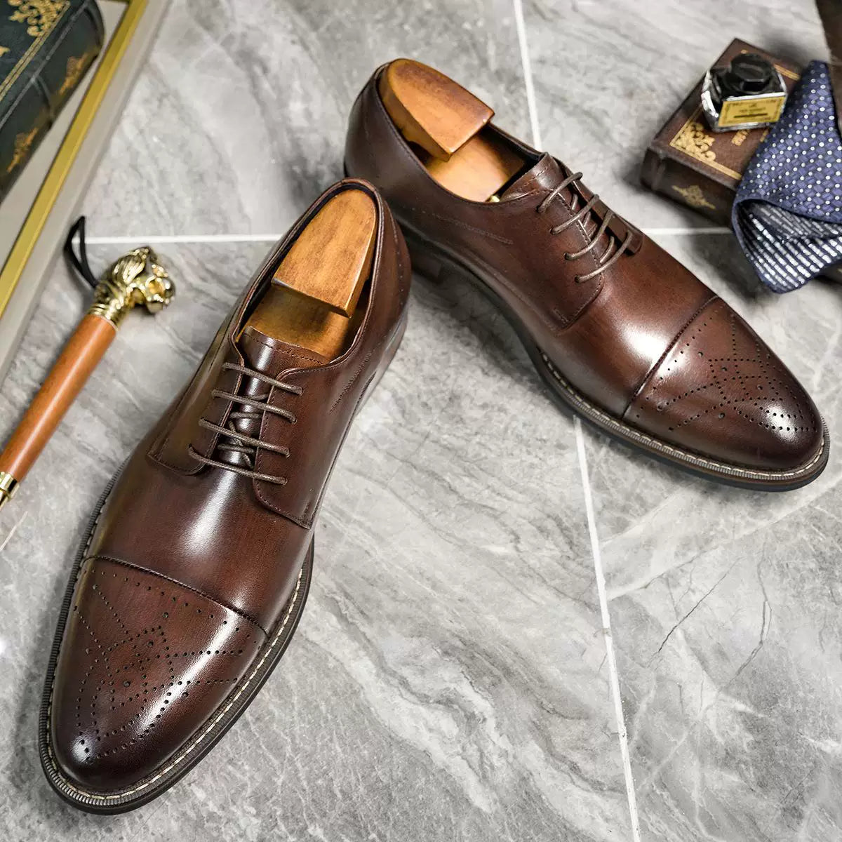 Men's Genuine Leather Wedding Shoes, Lace-Up, British Style