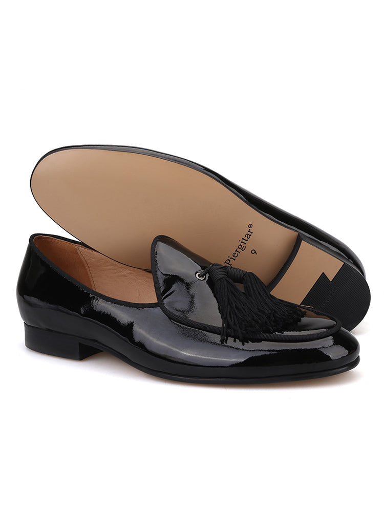 European and American trend two-color patent leather men's loafers handmade tassel slip-on yuppie shoes wedding banquet formal large size shoes