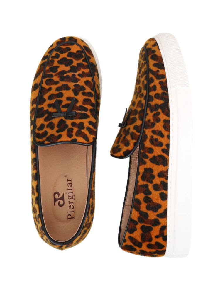 European and American wild style leopard print flocking men's slip-on casual sneakers genuine leather small bow tie white thick-soled sneakers