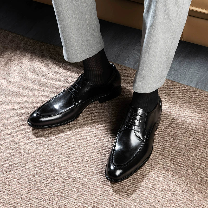 Men's Brown Genuine Leather Derby Shoes, Pointed Toe, British Style