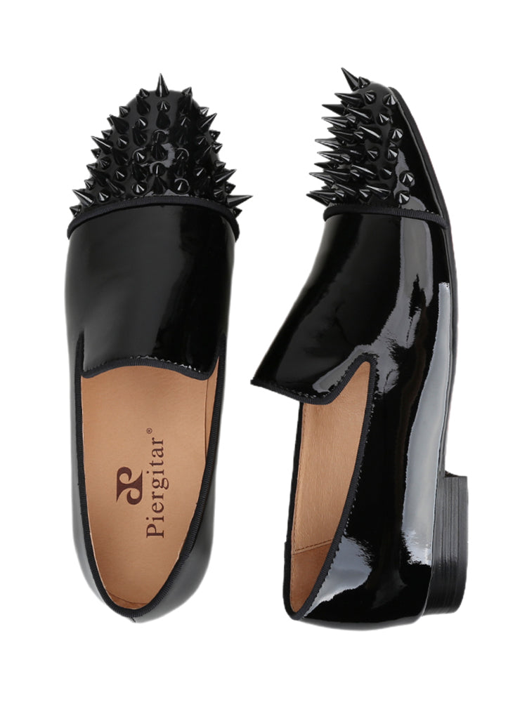 New black patent leather handmade long and short rivet head men's slip-on loafers European and American trendy nightclub style rivet shoes
