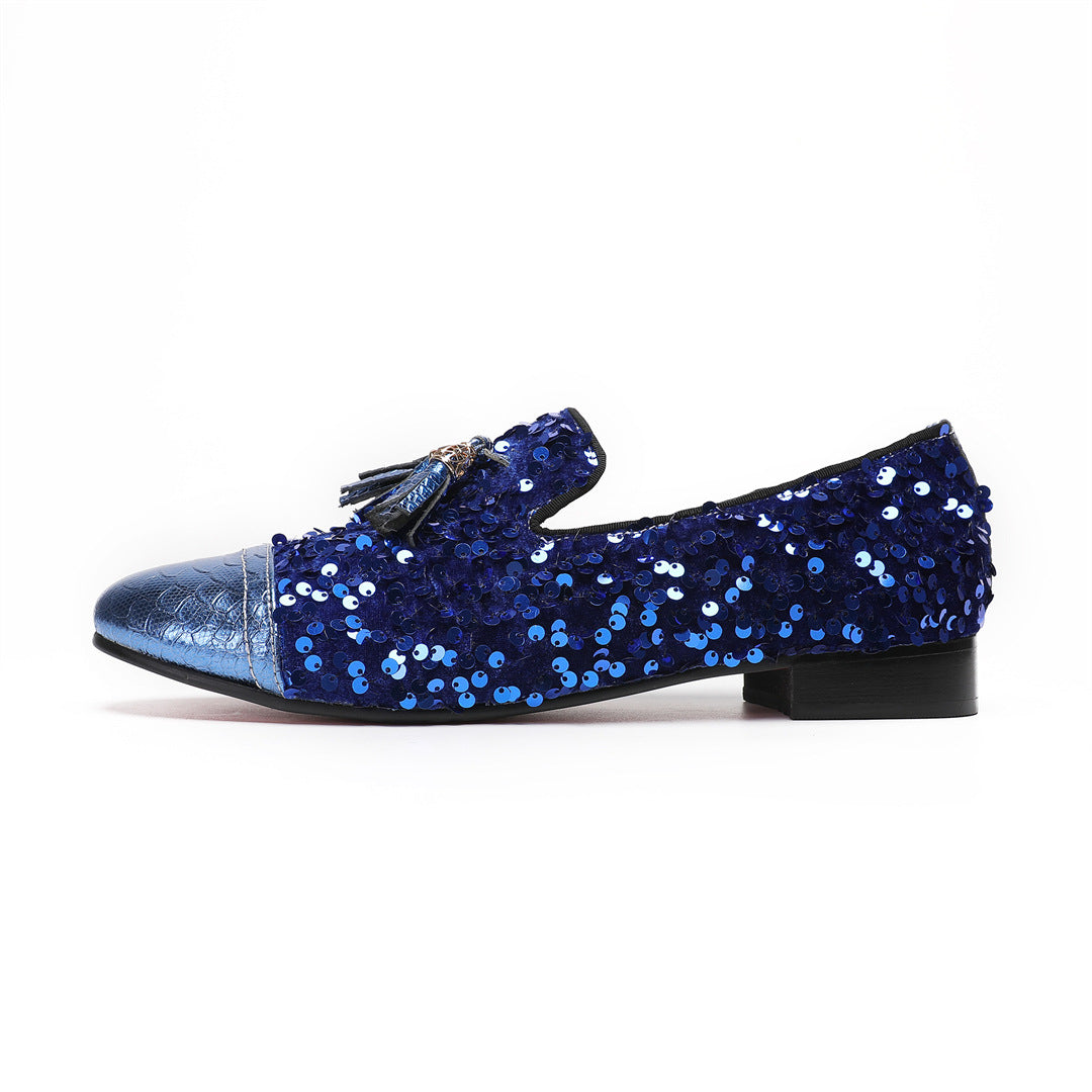 Men's Blue Leather Casual Shoes – Rhinestone Detail